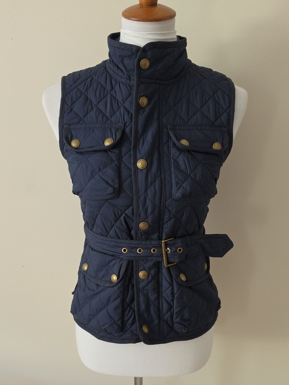Polo Ralph Lauren Quilted Navy Belted Vest with Brass Buttons